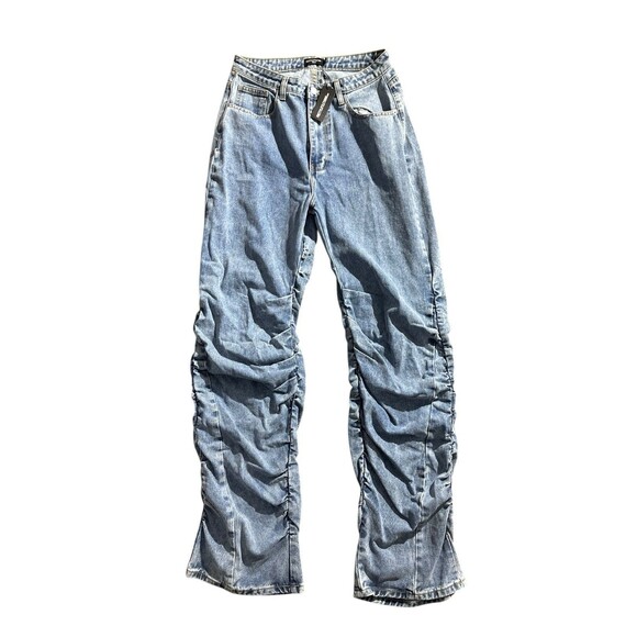 Pretty little thing NWT Tall Light Blue Wash Ruched Leg Straight Leg Jeans US 8 - Picture 1 of 4